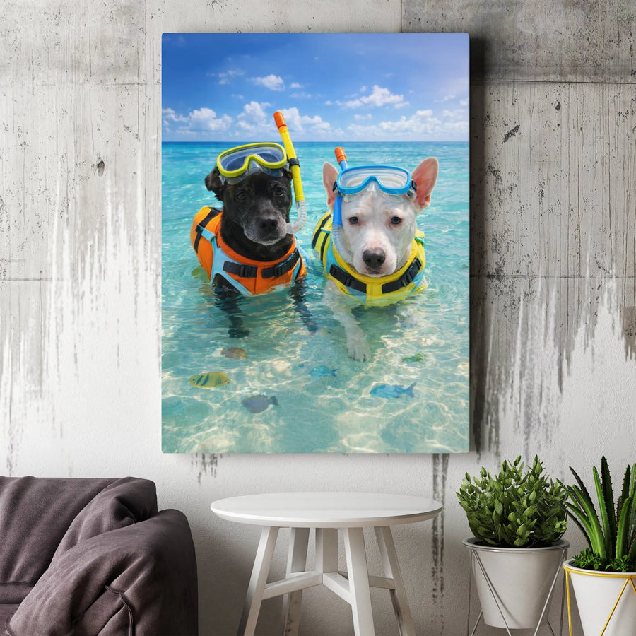 Snorkeling Dogs Canvas Wall Art | Funny Tropical Beach Scene | Premium Gallery Wrap Canvas | Gift for Dog Lover & Coastal Home Decor