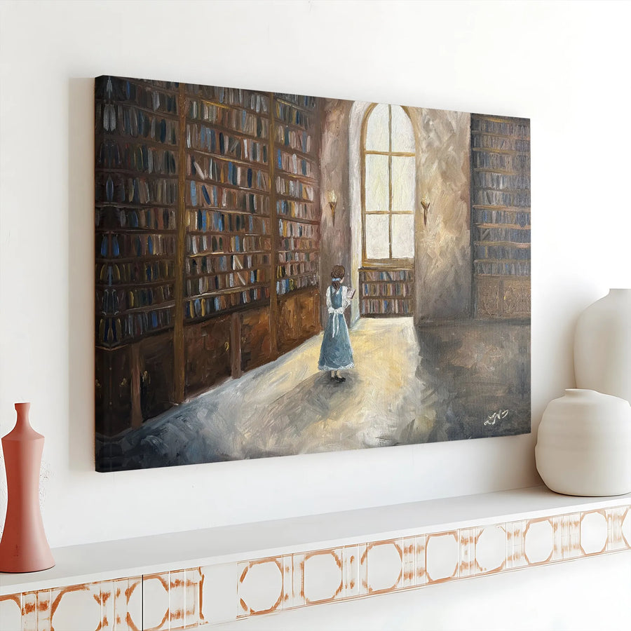 Girl Reading in Library Canvas Art | Dark Academia Wall Decor | 1.25" Thick Gallery Wrap | Aesthetic Literary Gift for Book Lovers
