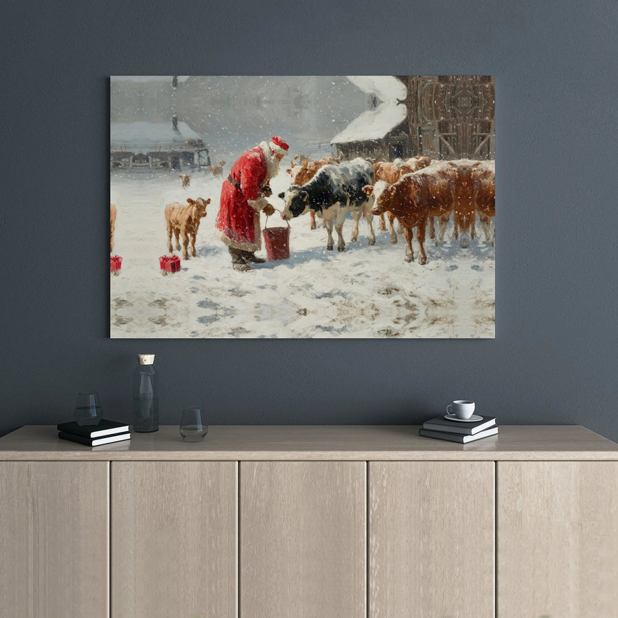 Santa Feeding Cows Canvas | Snowy Farm Christmas Wall Art | Premium Gallery Wrap Print | Festive Rustic Holiday Home Decor Gift