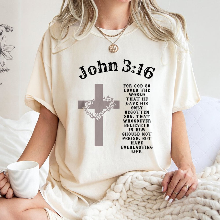 John 3:16 T-Shirt | Christian Bible Verse Scripture Cross & Crown of Thorns | 100% Cotton Premium Tee | Faith-Based Religious Gift for Men and Women