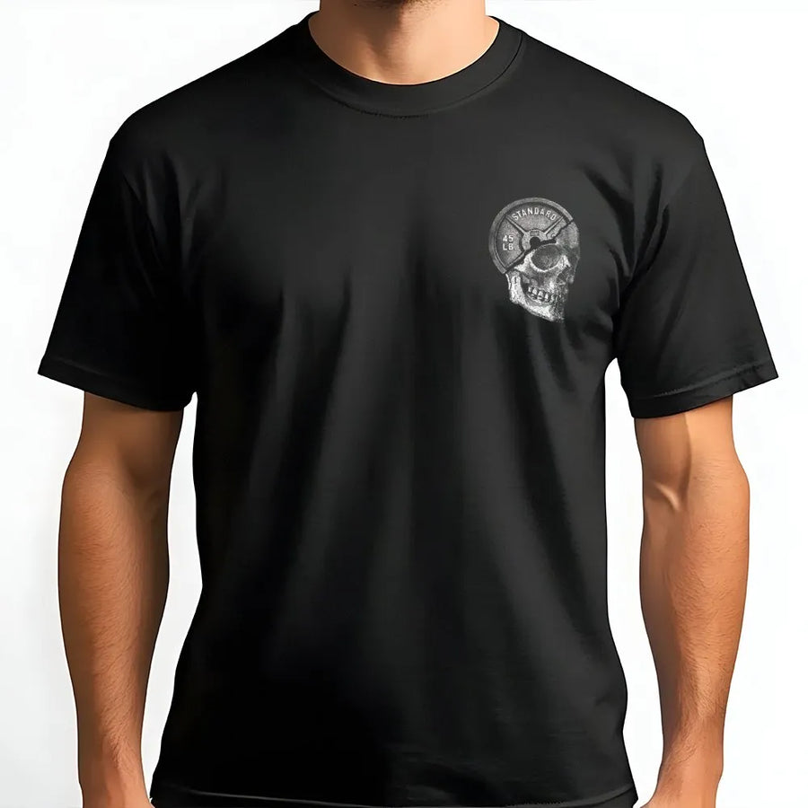 Weightlifting Skull T-Shirt | Cracked Skull Barbell Plate Graphic | Premium Cotton Tee | Gift for Weightlifter