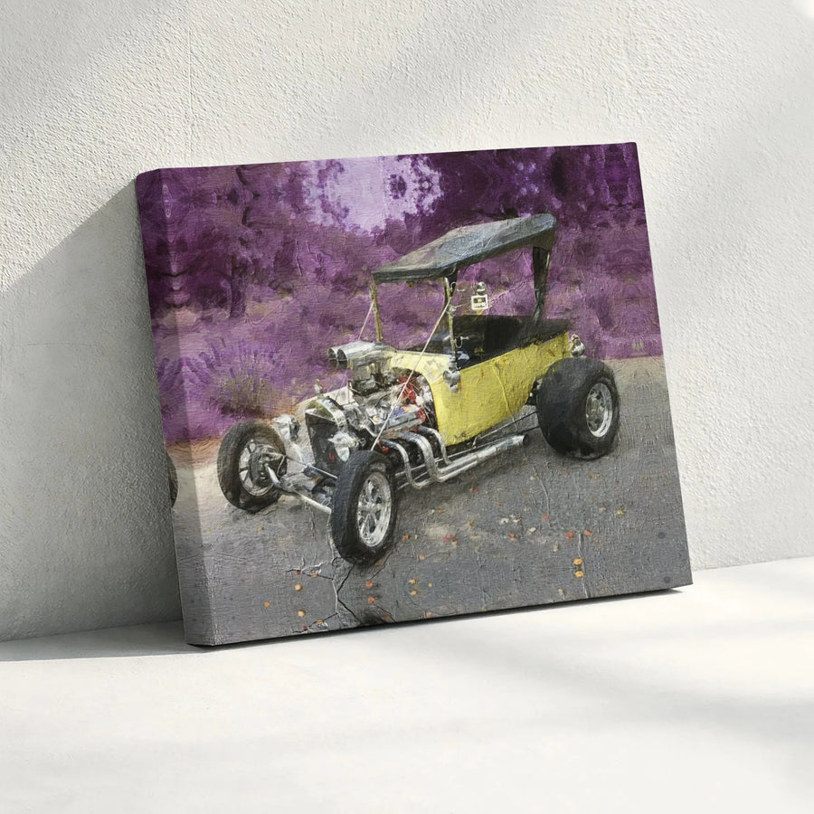 Yellow T-Bucket Hot Rod Canvas Art | Painterly Classic Car Wall Decor | Premium Fade-Resistant Gallery Print | Gift for Car Enthusiasts