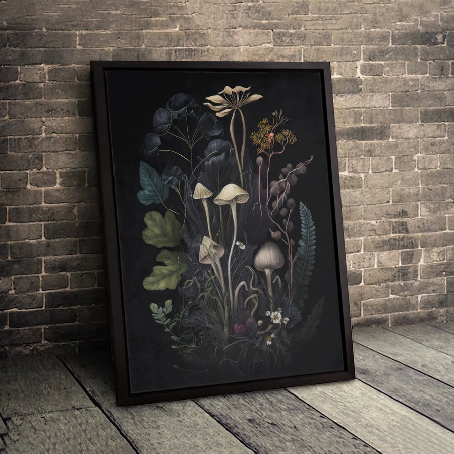 Dark Botanical Mushroom Canvas Wall Art | Moody Forest Fern Illustration | Gallery Quality Premium Print | Gothic Home Office Decor Gift