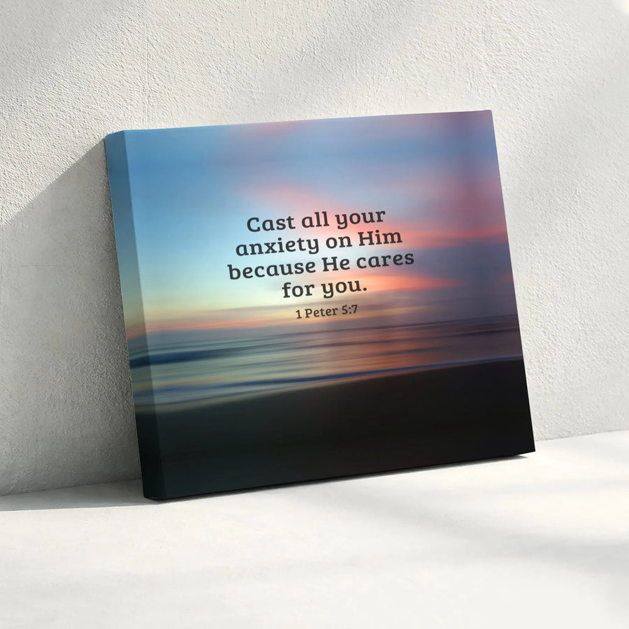 1 Peter 5:7 Bible Verse Canvas Print | Cast All Your Anxiety On Him Sunset Art | Premium Gallery Wrapped Wall Decor | Christian Gift For Home Or Office
