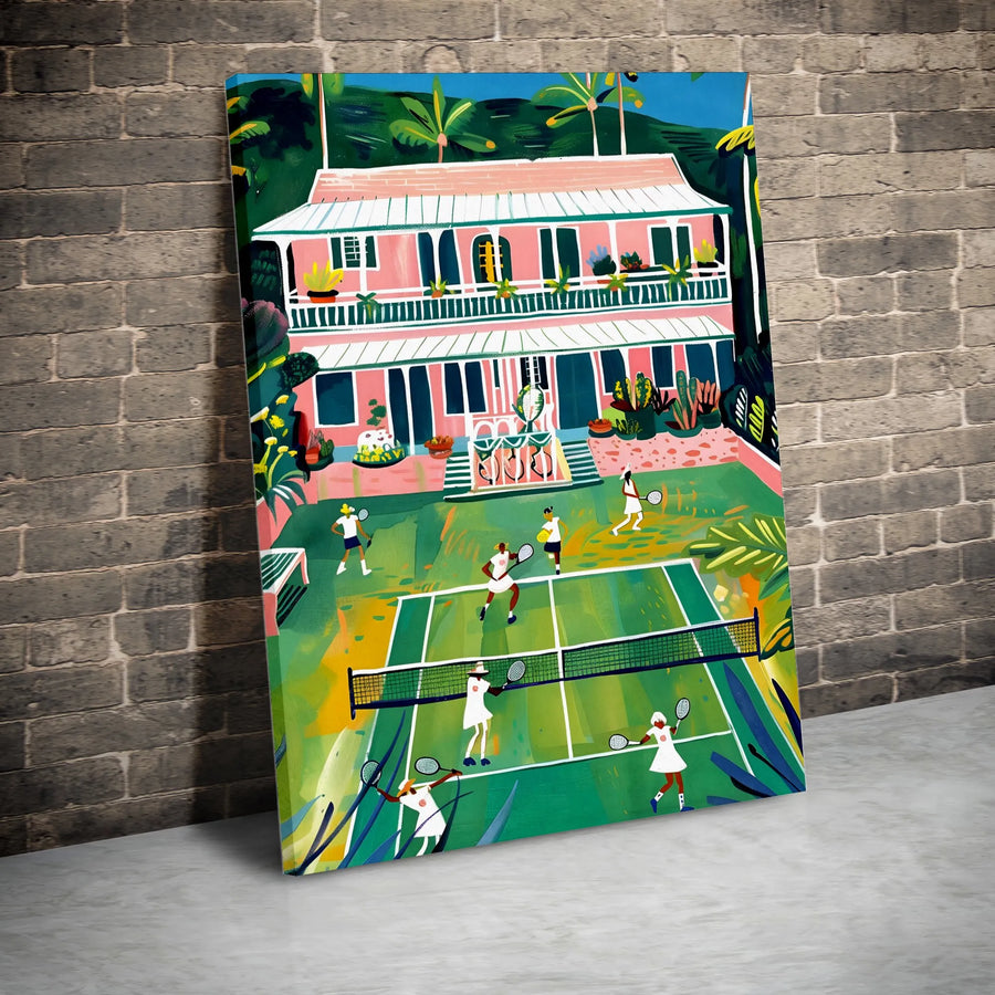 Tennis Court Canvas Wall Art | Pink Tropical Villa Painting | Premium Gallery Wrap Print | Gift for Tennis Player and Sport Decor Lovers