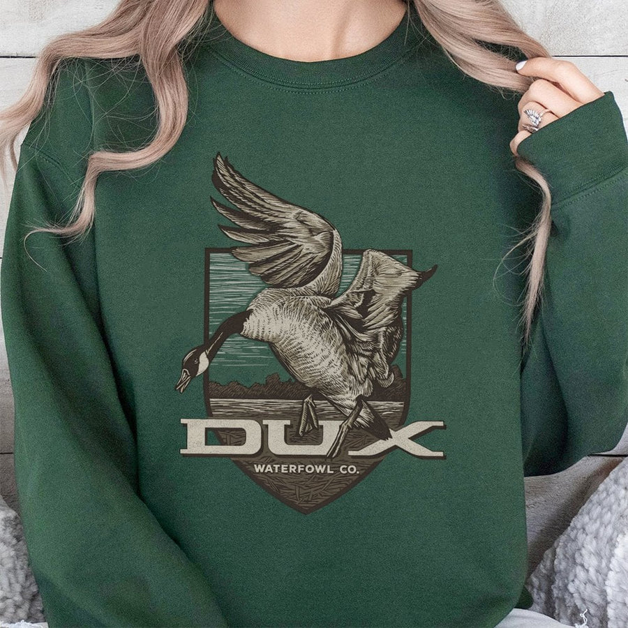 Dux Waterfowl Co. Goose Hunting Sweatshirt | Flying Duck Graphic Logo | Premium Cotton Blend Crewneck | Outdoor Hunter Gift Apparel