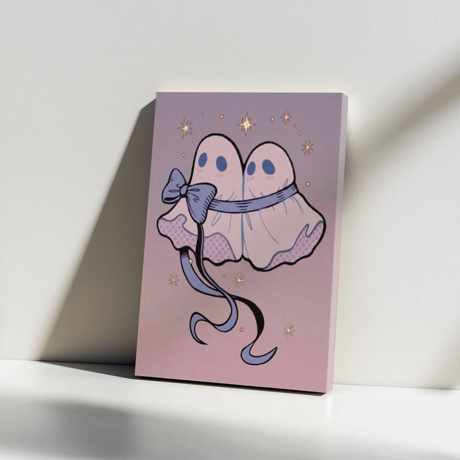 Cute Ghost Soulmates Vertical Canvas | Kawaii Spooky Couple Art Print | Premium Thick Gallery Wrap | Romantic Halloween Gift for Her