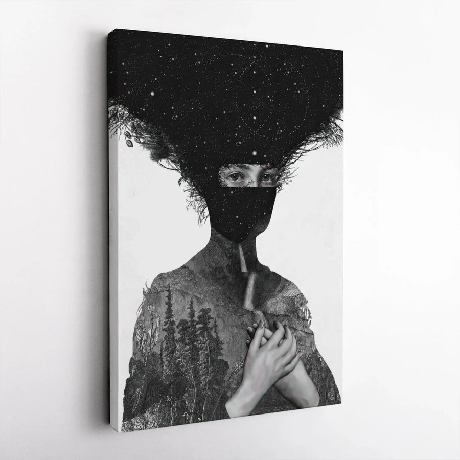 Surreal Woman Portrait Canvas Art | Starry Galaxy Hair & Forest Double Exposure Print | Premium Gallery Wrap | Modern Home Decor Gift