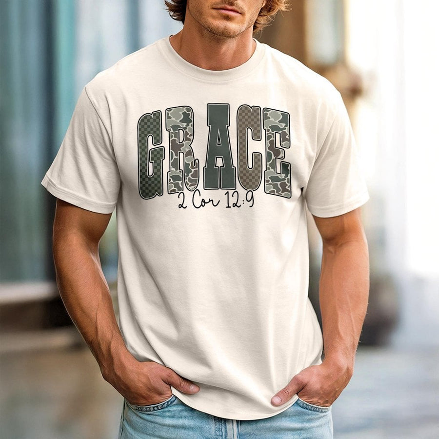 Grace Bible Verse T-Shirt | Camo Typography Graphic Tee | 100% Cotton Premium Quality | Religious Faith Christian Gift for Women and Men