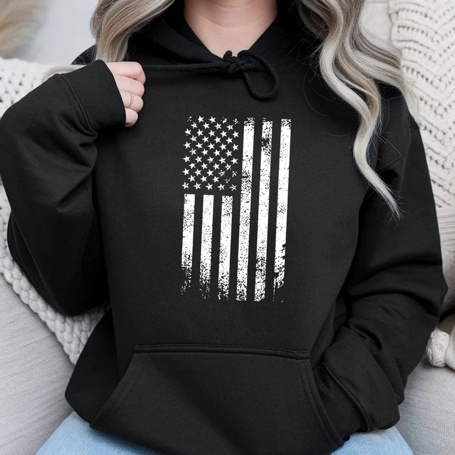 Distressed American Flag Hoodie | Vintage Patriotic Graphic Sweatshirt | Premium Cotton-Blend Apparel | Unisex Gift For Independence Day
