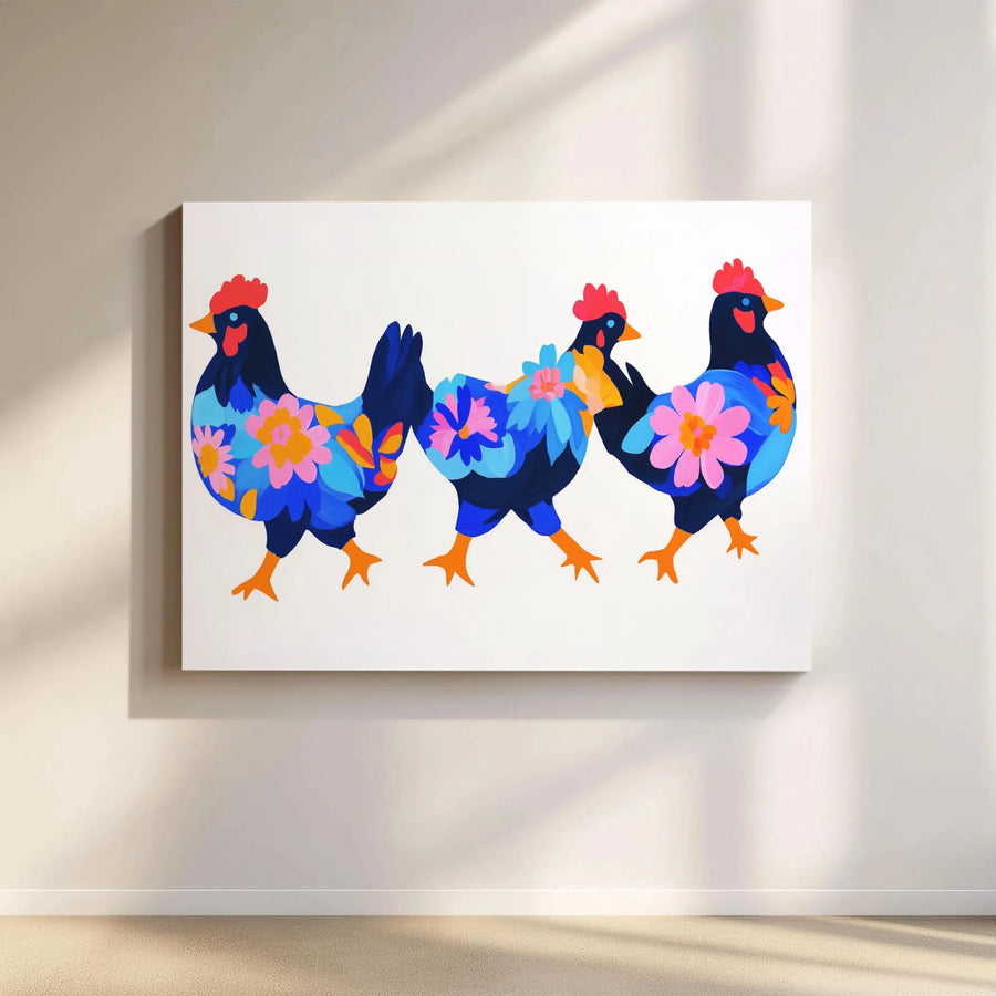 Floral Chicken Canvas Print | Modern Farmhouse Wall Art | Gallery Wrapped Premium Canvas | Whimsical Colorful Animal Decor for Kitchen or Nursery