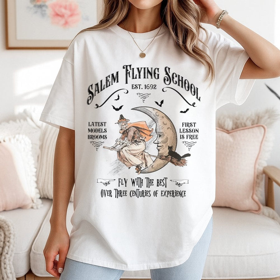Salem Flying School Witch T-Shirt | Vintage Aesthetic Halloween Graphic Tee | 100% Premium Cotton | Spooky Gift for Witchy Lovers