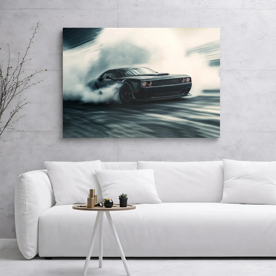 Muscle Car Canvas Wall Art | Black Sports Car Drifting in Smoke | Premium Gallery Wrap Print | Man Cave & Garage Home Decor Gift
