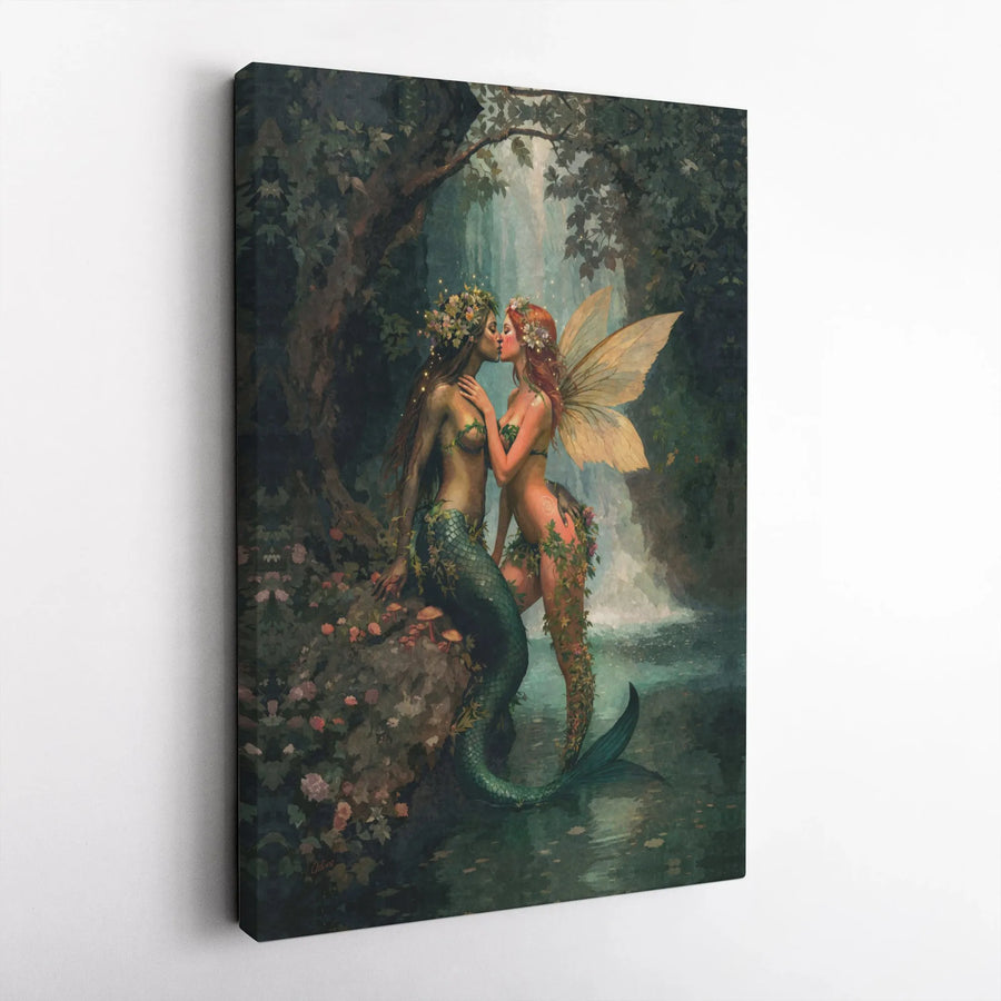 Mermaid and Fairy Canvas Art | Romantic Forest Kiss Illustration | Premium Gallery Wrapped Canvas | LGBTQ Sapphic Couple Gift