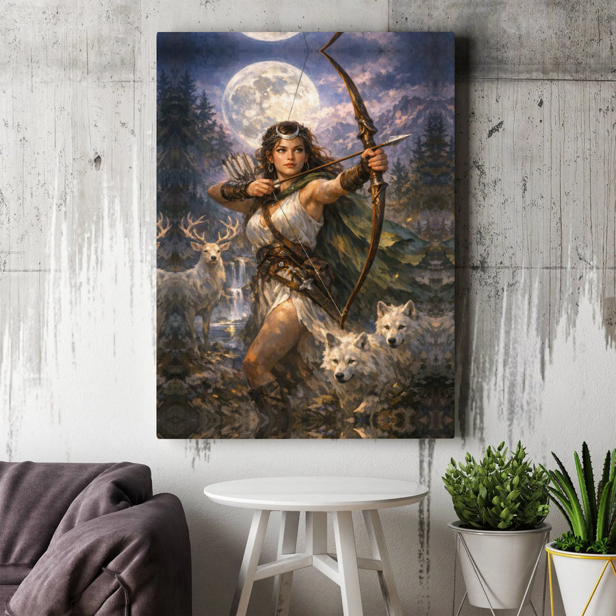 Moon Goddess Canvas Wall Art | Fantasy Huntress Archer with Wolves | Premium Thick Gallery Wrap Canvas | Mythological Home Decor Gift