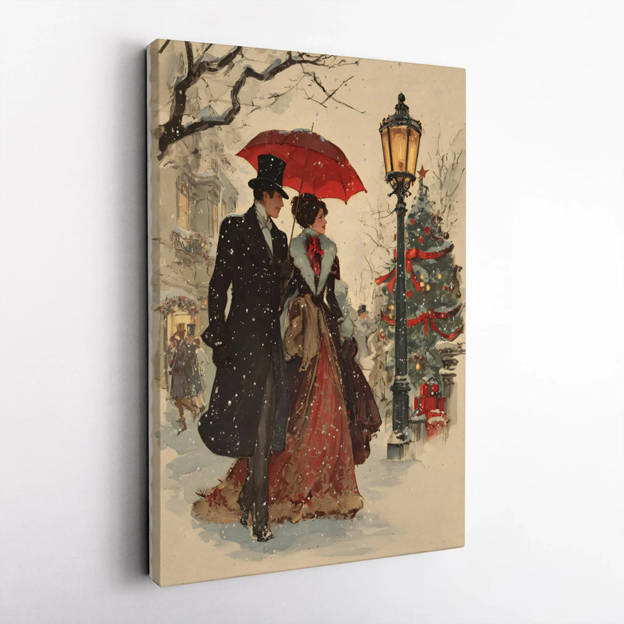 Victorian Christmas Wall Art | Snowy Couple With Red Umbrella | Gallery Wrap Canvas Print | Nostalgic Holiday Home Decor
