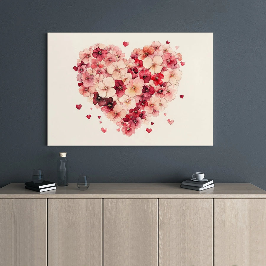 Floral Heart Canvas Wall Art | Watercolor Pink Flower Illustration | 1.25 Inch Gallery Wrap | Romantic Home Decor Gift