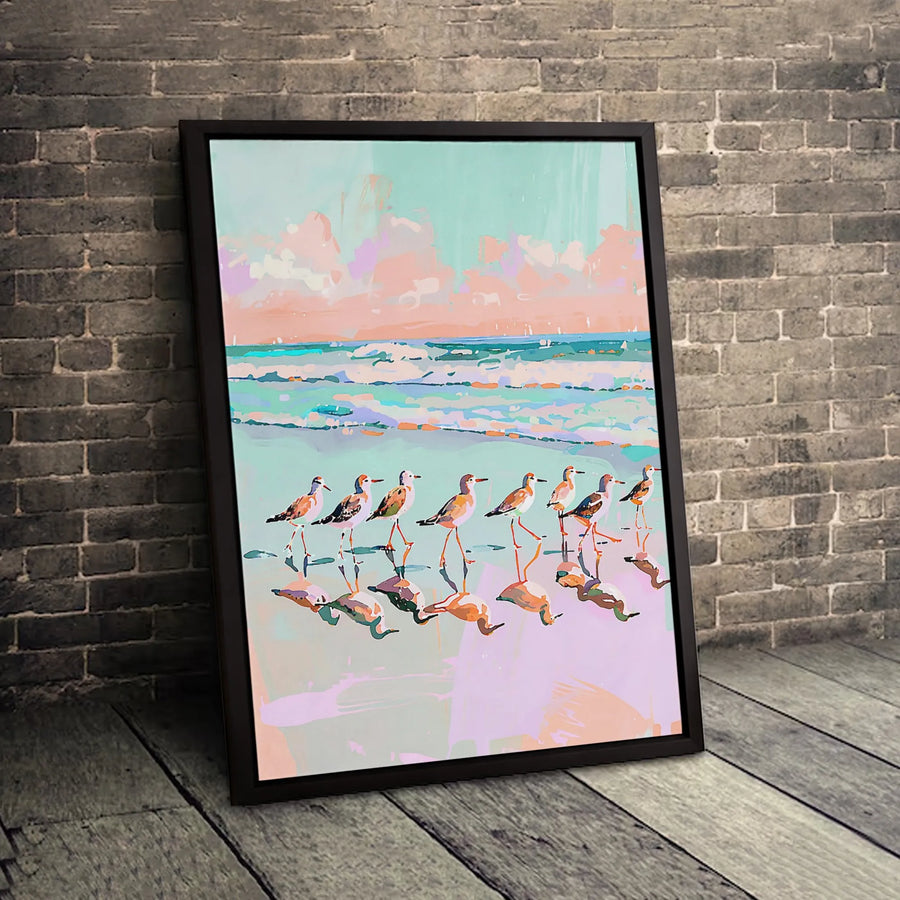Sandpiper Beach Art Canvas | Pastel Coastal Shorebird Painting | Gallery Quality Fade-Resistant Wall Decor | Modern Living Room Gift