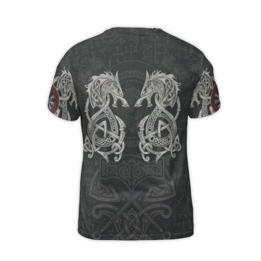 Viking Wolf T-Shirt | Celtic Knotwork & Runes All-Over Print | Premium Soft Stretch Jersey | Norse Mythology Gift For Men & Women