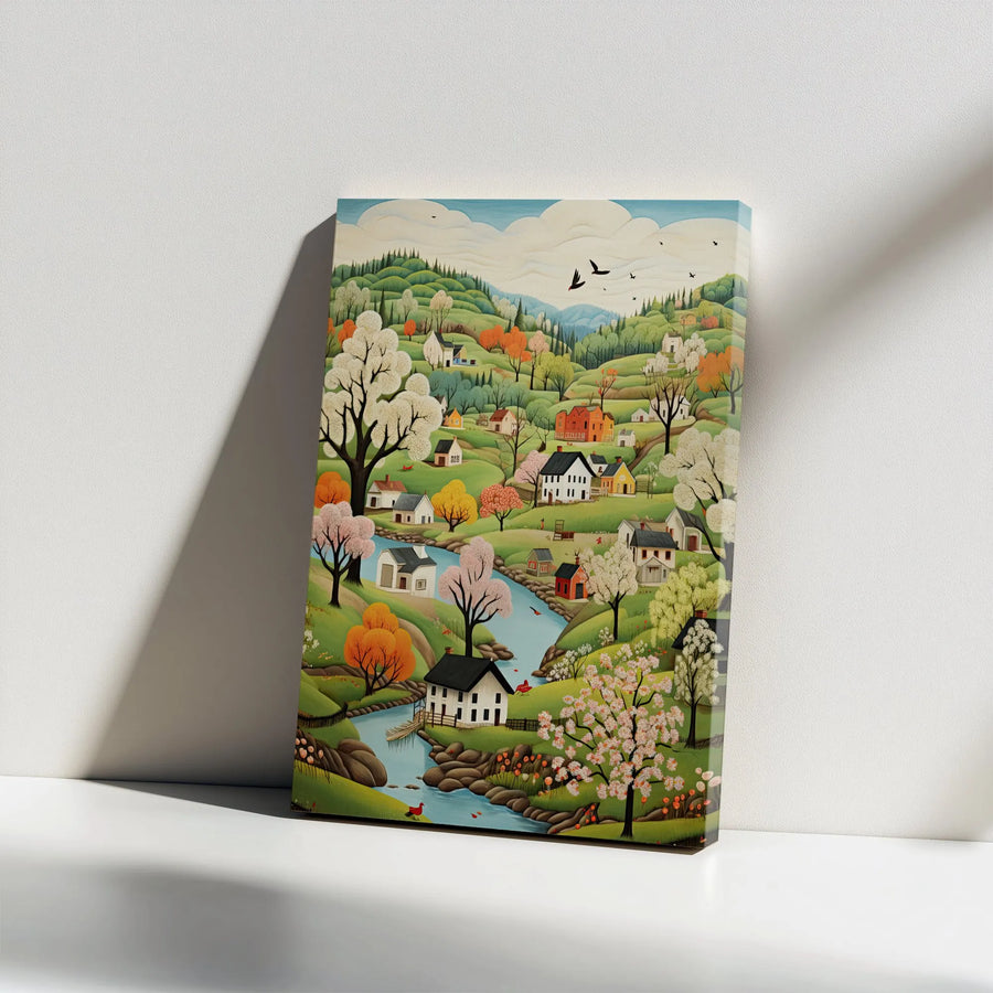 Folk Art Village Canvas Print | Whimsical Countryside Landscape | Premium Gallery Wrapped Wall Art | Modern Farmhouse Home Decor Gift