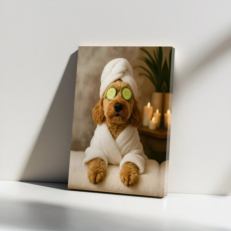 Funny Dog Spa Canvas Wall Art | Cockapoo in Bathrobe and Cucumber Slices | Gallery Wrap Premium Print | Whimsical Bathroom Home Decor Gift