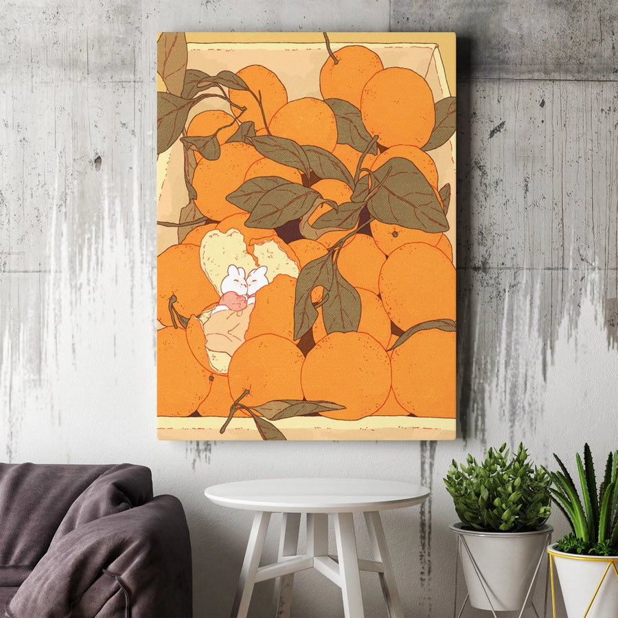 Cute Bunny Citrus Canvas Wall Art | Whimsical Rabbits in Orange Crate Illustration | Premium Frameless Canvas | Unique Kitchen & Nursery Decor Gift