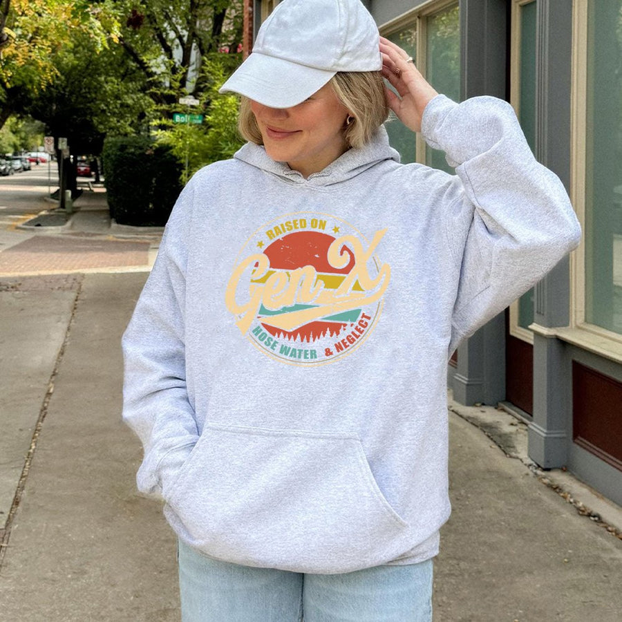 Gen X Hoodie | Raised On Hose Water And Neglect Graphic | Premium Cotton Blend | Funny 80s Generation Birthday Gift For Men And Women