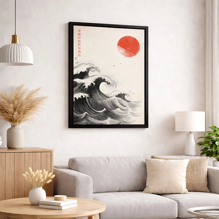 Japanese Ocean Wave Canvas Wall Art | Ukiyo-E Inspired Red Sun Print | Premium Gallery Wrapped 1.25" Profile | Zen Home Office Decor Gift