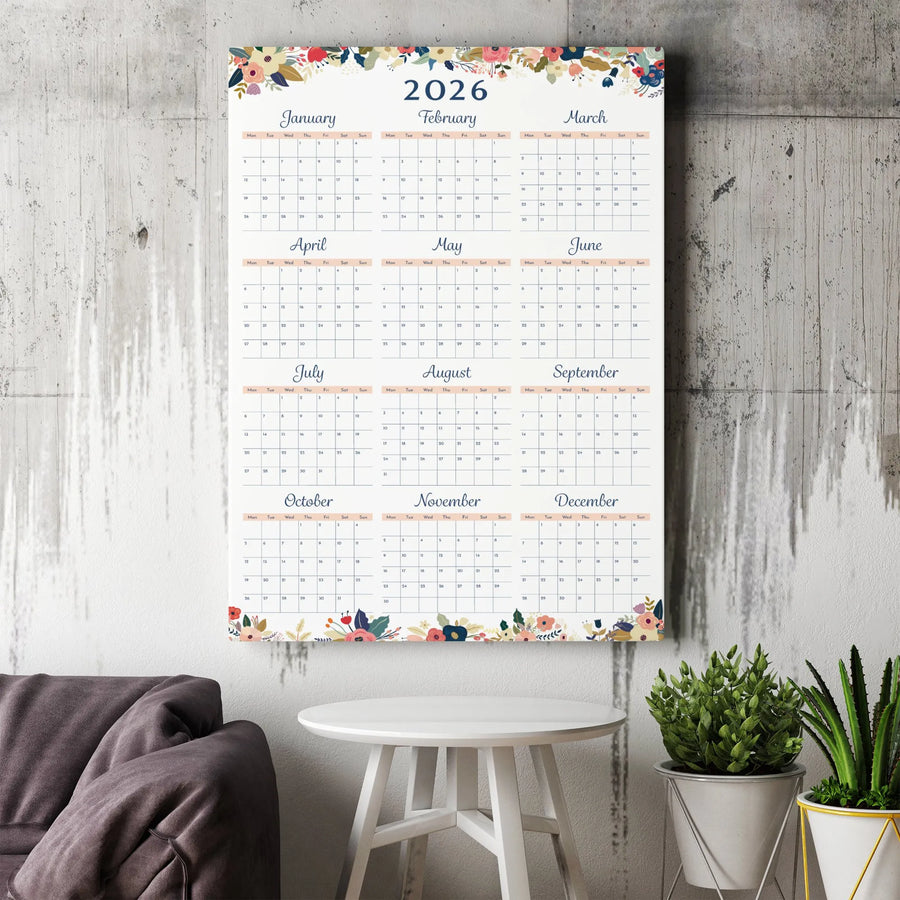2026 Yearly Calendar Canvas Print | Floral Botanical Wall Art | 1.25-Inch Thick Gallery Wrap | Decorative Home Office Gift