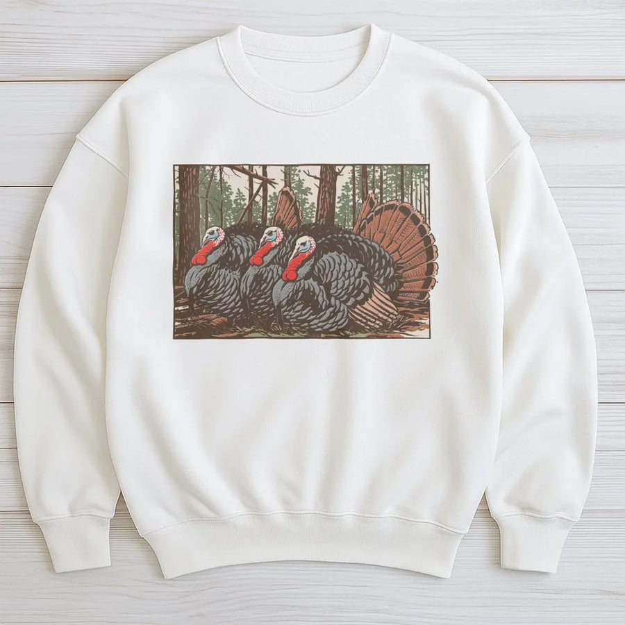 Wild Turkey Graphic Sweatshirt | Vintage Forest Scene Illustration | Premium Cotton-Poly Blend | Gift for Hunters and Outdoorsmen