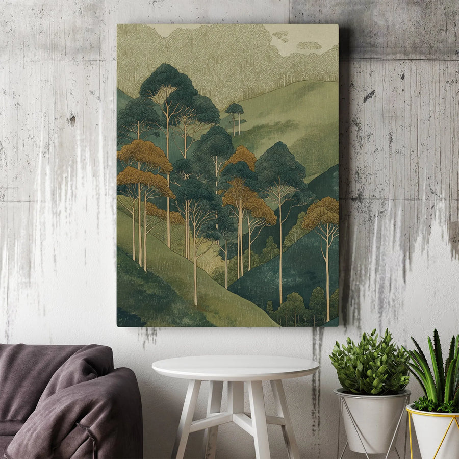 Forest Mountain Canvas Wall Art | Abstract Woodland Landscape Print | Premium Gallery-Wrapped Aesthetic | Nature-Inspired Home Decor