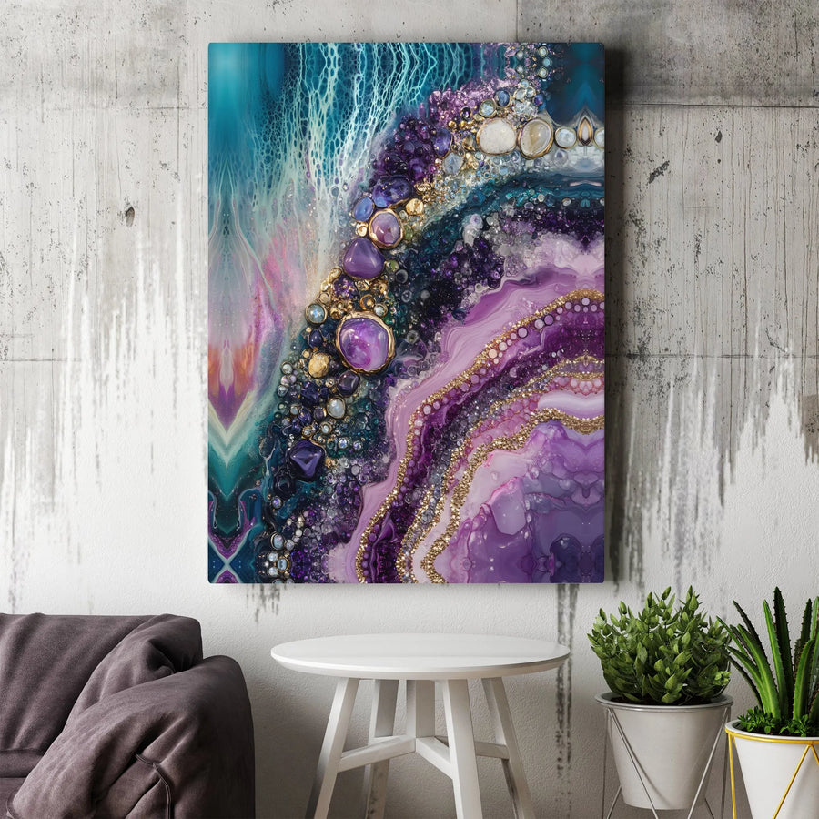 Purple Agate Geode Wall Art | Teal and Gold Abstract Canvas Print | Premium Gallery-Wrapped Decor | Elegant Modern Home Gift