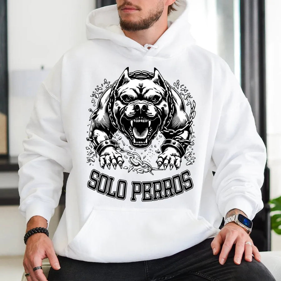 Solo Perros Pitbull Hoodie | Angry Dog Chain Graphic Streetwear | Premium Cotton Blend | Edgy Chicano Urban Fashion Gift For Men And Women