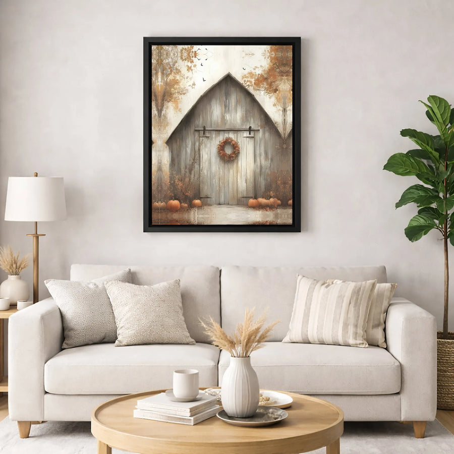 Rustic Autumn Barn Canvas Wall Art | Farmhouse Pumpkin Wreath Decor | Gallery-Quality 1.25" Profile Print | Seasonal Fall Living Room Gift