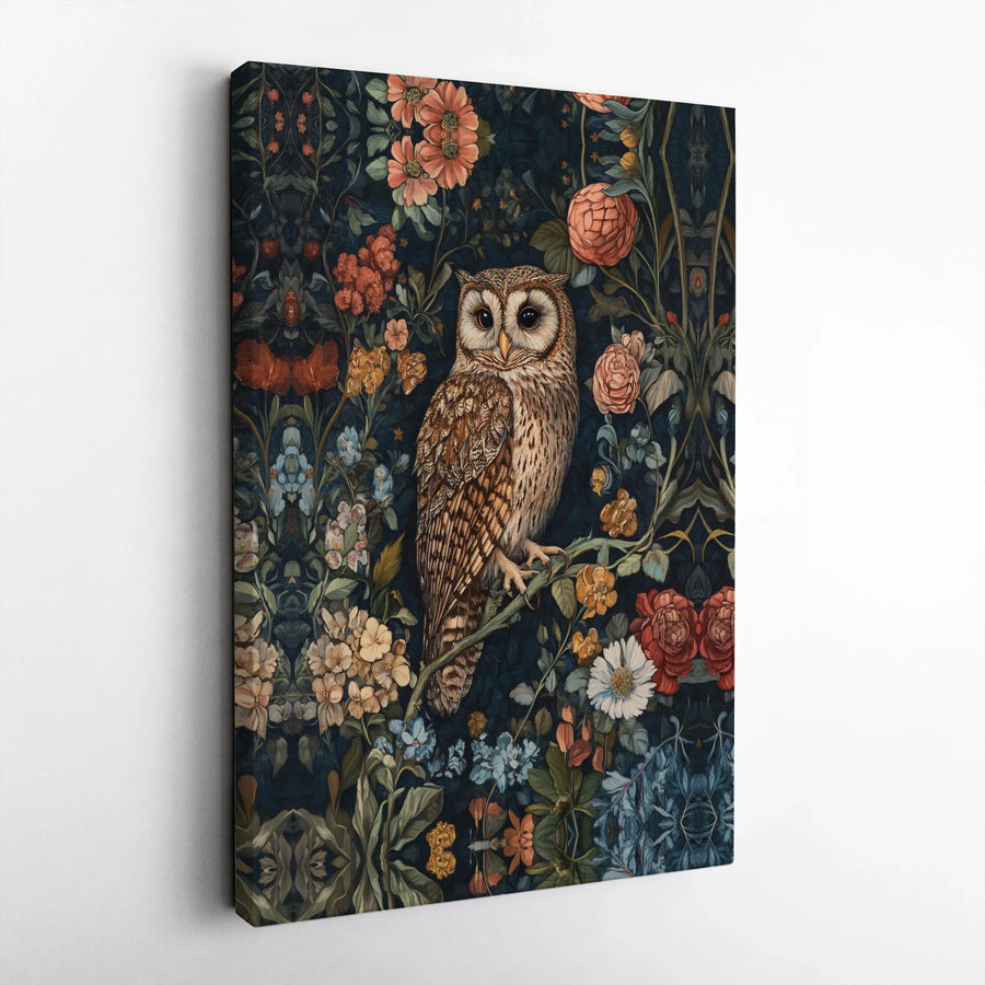 Vintage Owl Canvas Print | Dark Floral Botanical Illustration | Premium Gallery Quality Wall Art | Collector's Gift for Nature Lover