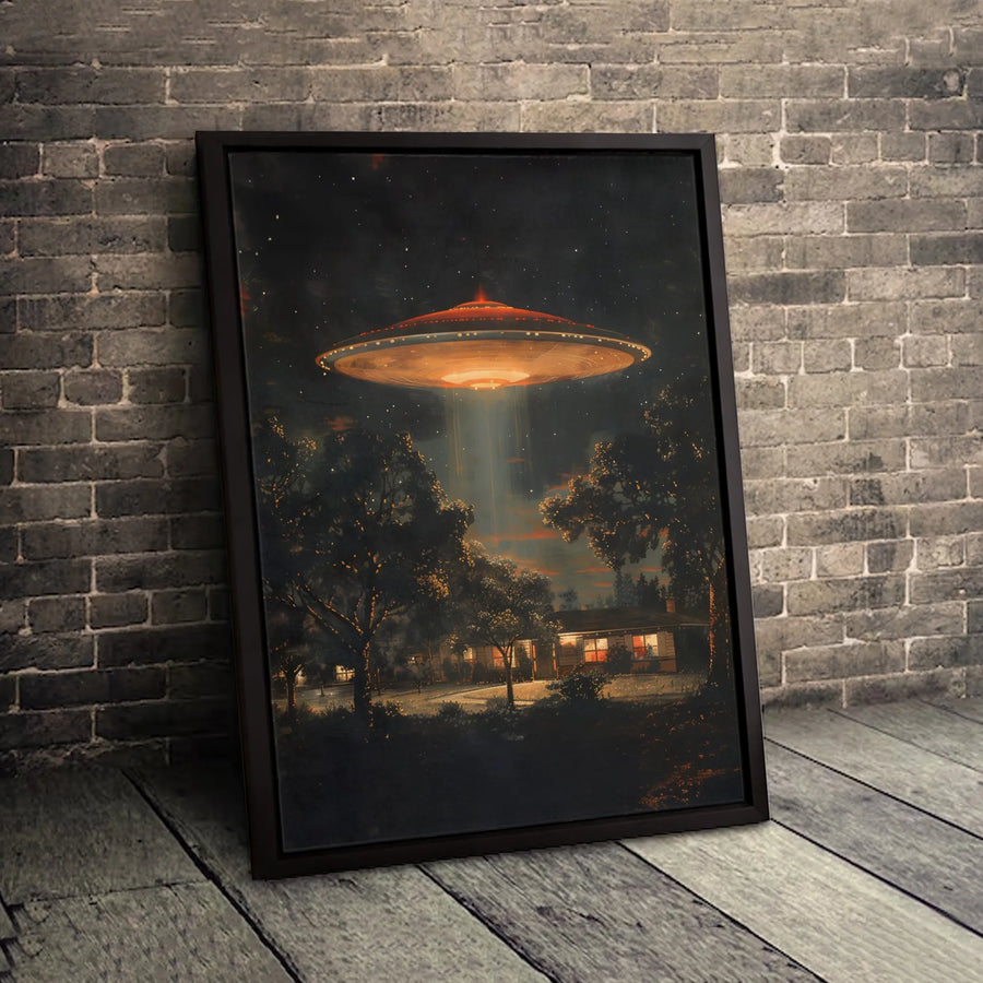 UFO Abduction Canvas Wall Art | Nighttime Suburban Alien Sci-Fi Landscape | Premium Gallery Wrap Print | Mystery Core Home Decor Gift