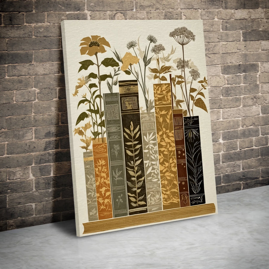 Botanical Bookshelf Canvas Wall Art | Wildflowers Growing From Books | Premium Canvas Print | Unique Gift for Book Lover and Librarian