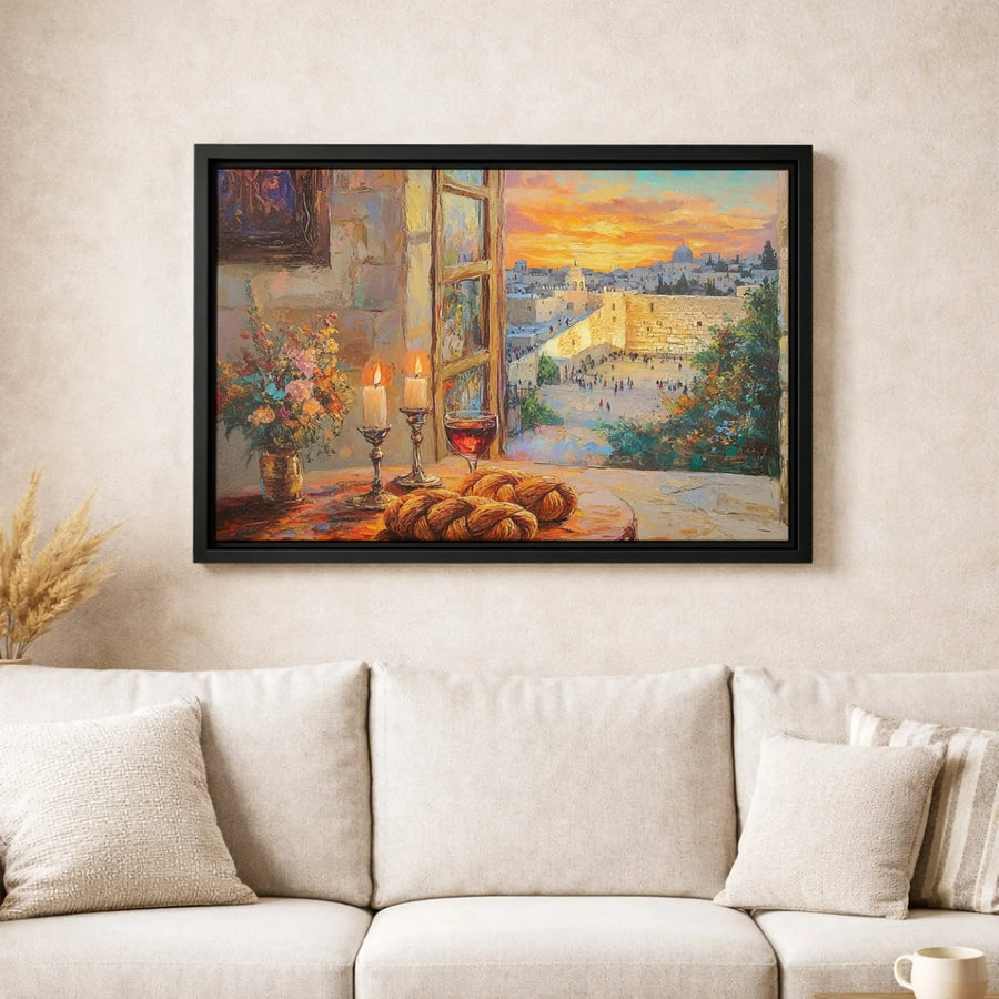 Jerusalem Western Wall Canvas Print | Shabbat Table Challah and Candles Art | Gallery Quality 1.25-inch Profile | Jewish Home Decor and Gift