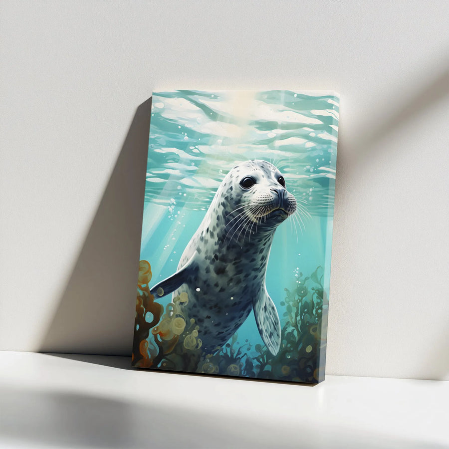 Cute Seal Canvas Wall Art | Underwater Ocean Wildlife Print | Premium Gallery Wrap Wooden Frame | Coastal Beach Home Decor Gift