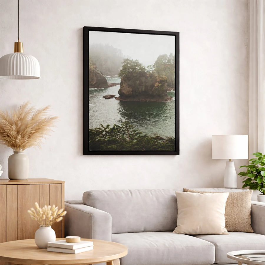 Foggy Coastal Sea Stack Canvas Wall Art | Moody Pacific Northwest Landscape Print | 1.25-Inch Gallery Wrap | Premium Nature Decor for Home or Office