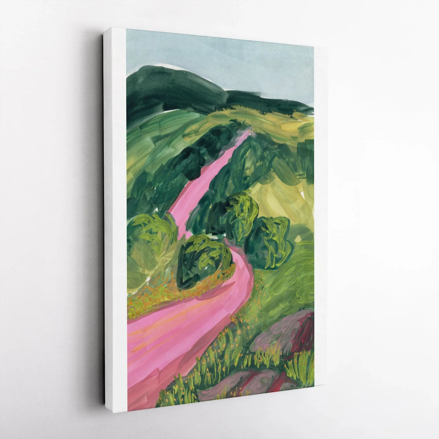 Abstract Landscape Canvas Print | Vibrant Pink Road Through Green Hills Art | Premium Thick Canvas | Modern Living Room & Office Decor Gift