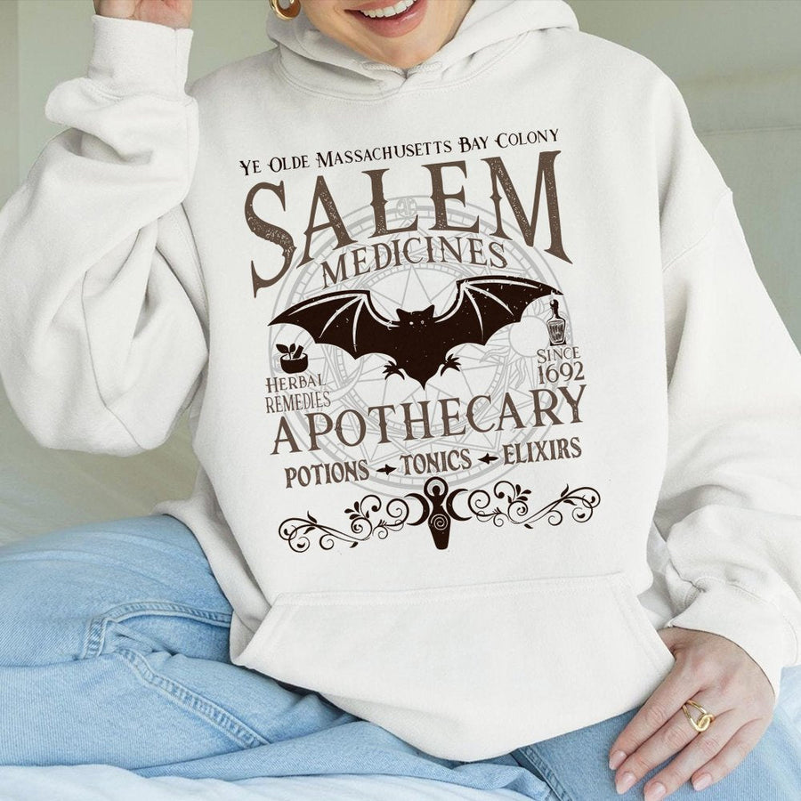 Salem Apothecary Hoodie | Vintage Witchy Bat Graphic | Premium Cotton Blend | Unisex Halloween Gift for Occult Lovers