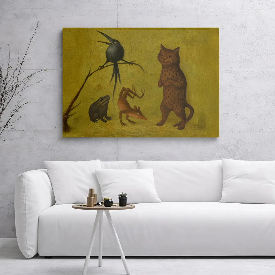 Surreal Medieval Animal Canvas Wall Art | Whimsical Cat Frog Bird Print | Premium 1.25 Inch Gallery Wrap | Unique Gift for Dark Academia Decor Lovers
