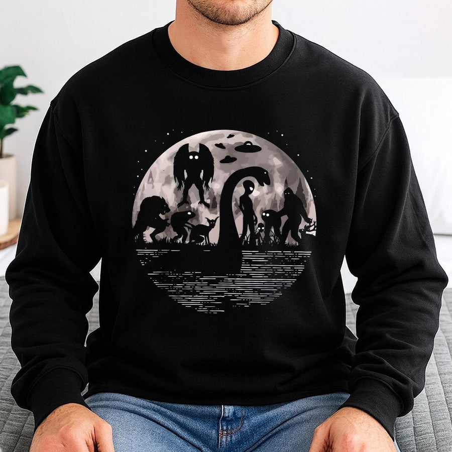 Cryptid Graphic Sweatshirt | Bigfoot Mothman Loch Ness Monster Art | Premium Cotton Blend | Spooky Cute Gift for Urban Legend Lovers