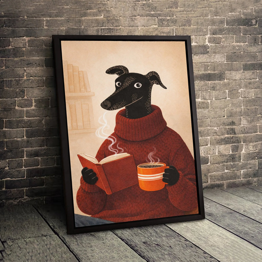 Greyhound Dog Reading Book Canvas Art | Cozy Sweater Coffee Aesthetic | Premium Fade-Resistant Print | Unique Gift for Dog Lovers & Readers