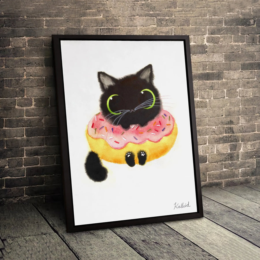 Cute Black Cat Canvas Print | Whimsical Donut Illustration | Premium 1.25-Inch Gallery Wrap | Funny Cat Lover Gift & Wall Art