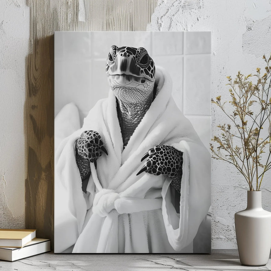Sea Turtle in Bathrobe Canvas Wall Art | Whimsical Bathroom Animal Portrait | Premium Gallery-Wrapped Print | Funny Home Decor Gift