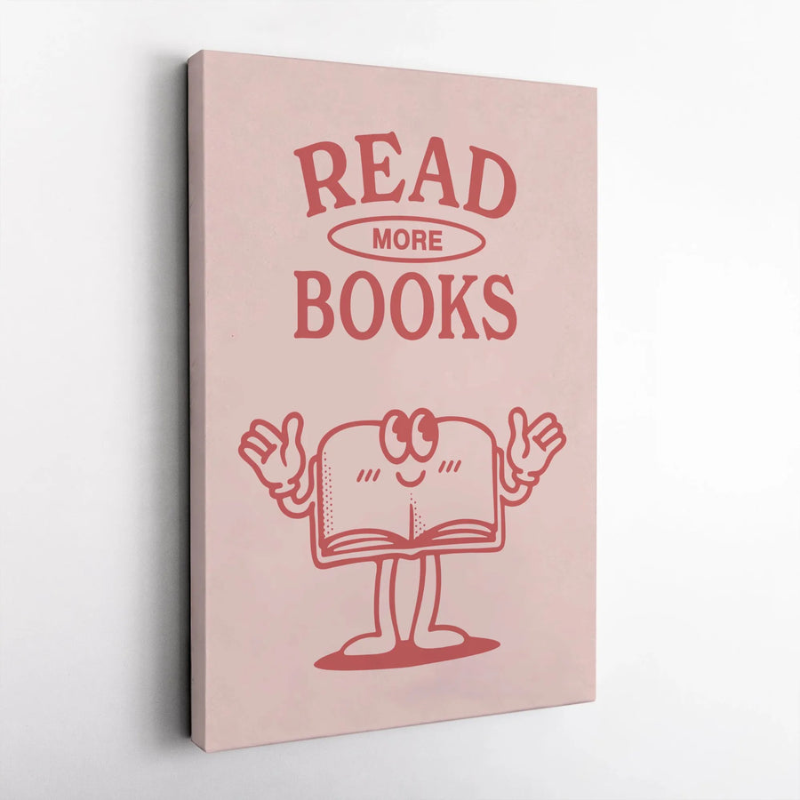 Read More Books Canvas Art | Retro Cartoon Bookworm Illustration | Premium Gallery Wrap Wall Decor | Librarian & Book Lover Gift