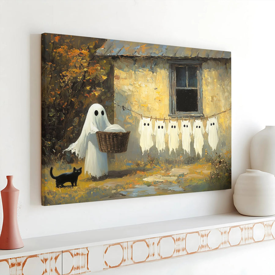 Ghost Doing Laundry Canvas Print | Whimsical Halloween Art with Black Cat | Premium Fade-Resistant Canvas | Unique Spooky Home Decor Gift