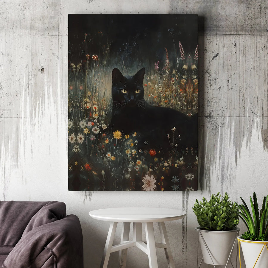Black Cat Wall Art | Moody Wildflower Garden Painting | Gallery-Wrapped Premium Canvas | Dark Academia Home Decor Gift